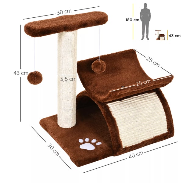 PawHut Kradsetræ til katte, med tunnel, hvileplads og bolde, brun, L40xB30xH43 cm