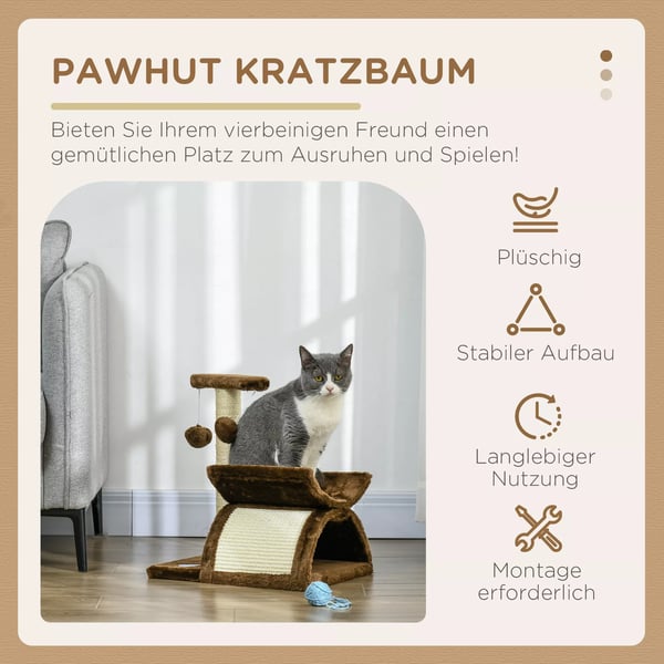 PawHut Kradsetræ til katte, med tunnel, hvileplads og bolde, brun, L40xB30xH43 cm