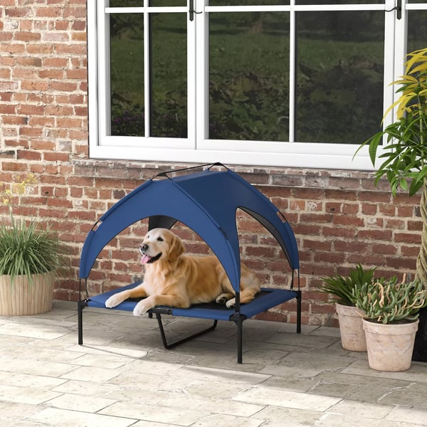 PawHut Hævet Hundeseng med Baldakin - Mørkeblå Oxford, Åndbar Udendørs Hundelounge, 91x76x89 cm