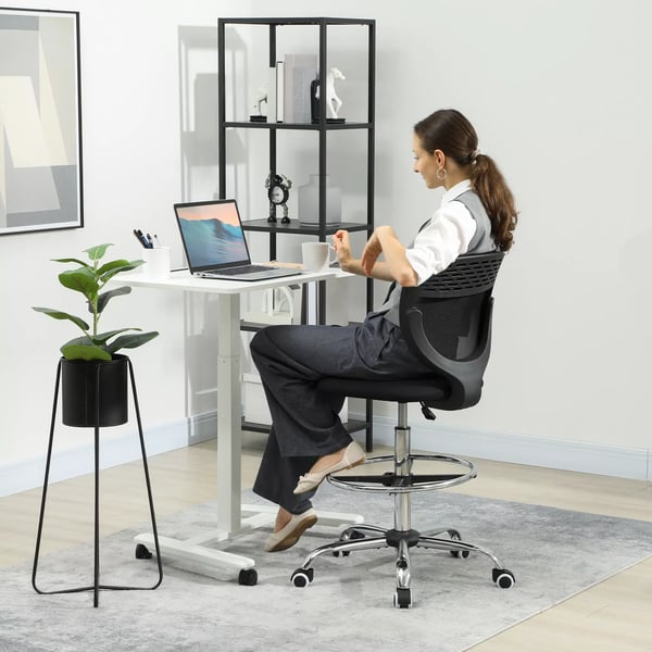 työtuoli, säädettävä jalkarengas, korkeus säädettävä, verkkokangas, ergonominen, musta