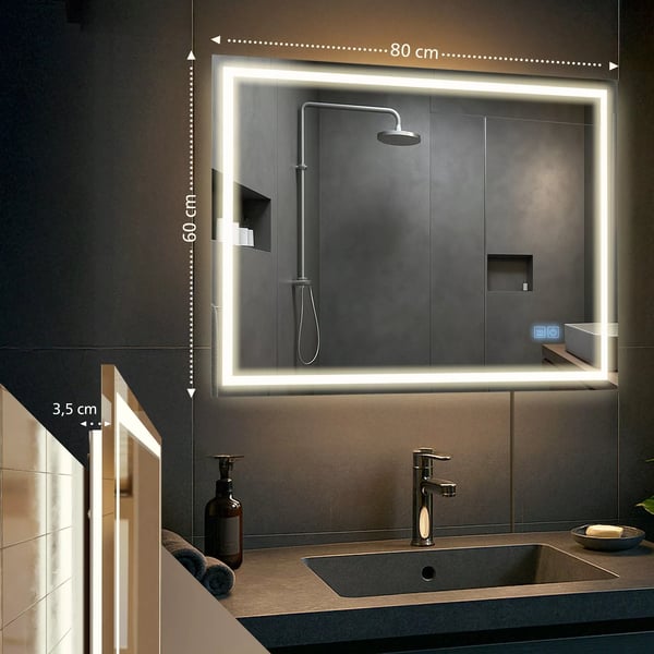 Jaffrey 60x80cm LED badeværelsesspejl med Bluetooth, anti-dug og dæmpbart lys - klart glas