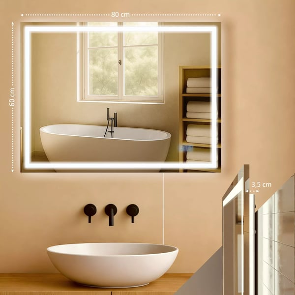 Jaffrey 60x80cm badeværelsesspejl med LED-belysning, anti-dug, dæmpbar, IP44 klart glas