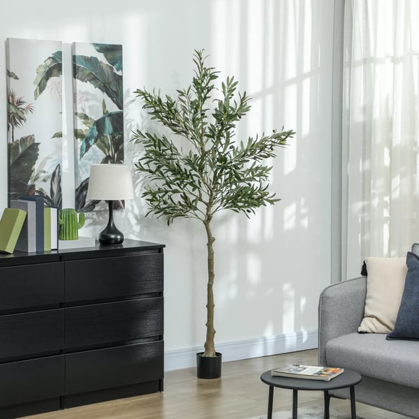 Kunstigt oliventræ, 180 cm, grøn plastik, realistisk kunstig plante med cementpotte til stue, soveværelse, kontor
