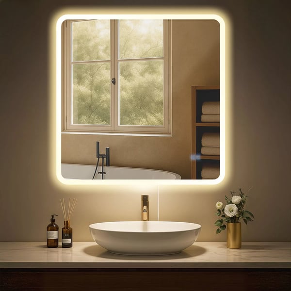 Jericho Badeværelsesspejl 80x80cm, LED-belysning, 3 Farver Lys, Dæmpbar, Anti-dug, IP44-klassificeret, Touch-kontrol, Klart Glas