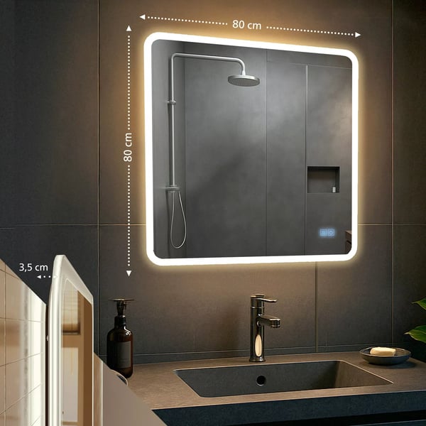 Jericho 80x80cm badeværelsesspejl med Bluetooth, LED-belysning, anti-dug og touch-kontrol - Klart glas