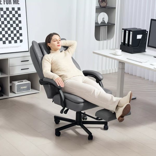 Ergonomisk Kontorstol med Massage, Justerbar Ryglæn, Fodstøtte, Pustende Mikrofiber, Grå