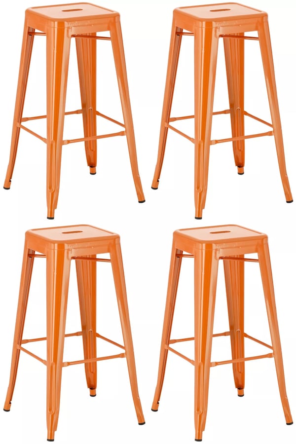 Set med 4 orangea metallbarstolar Joshua, stapelbara, golvskydd, lättskötta ytor, maxlast 135 kg