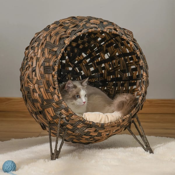 PawHut Rattan Kattehule med Pude i PE-Rattan og Metal - Brun, Ø52x58cm