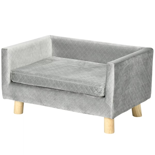 PawHut Hundesofa, Mørkegrå Velour, Skum, Birketræ, Lille Hund op til 8kg, 64x45x36cm