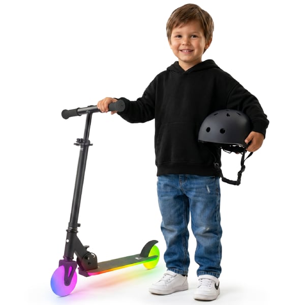 Sun Baby Tvåhjulig barnsparkcykel Lumiride LED 7 färger/20 lägen, hopfällbar, justerbar 73-85 cm, svart