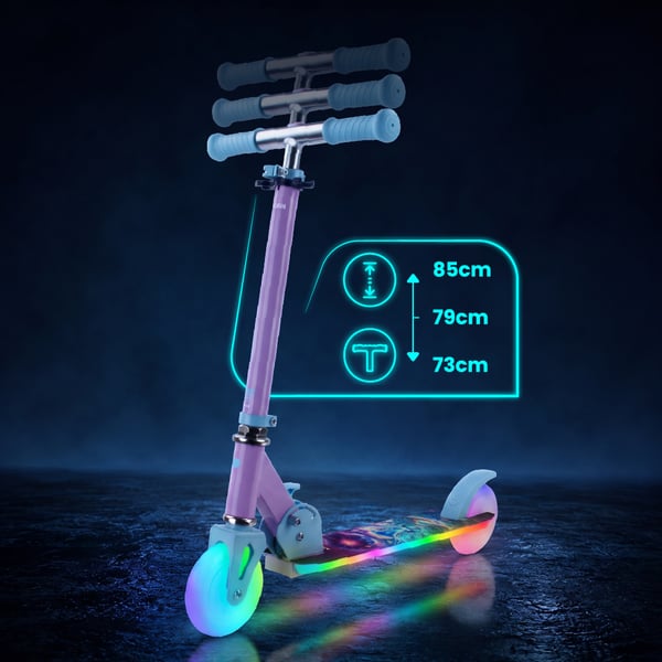 Sun Baby Lumiride LED tohjulet børnescooter 7 farver/20 programmer, sammenklappelig, justerbar 73-85 cm, Unicorn