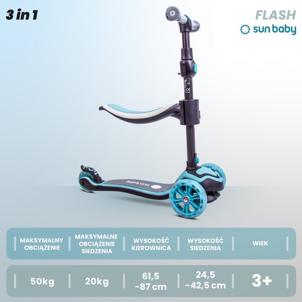Tre-hjulet balance scooter Flash 3-i-1 LED til børn - Blå