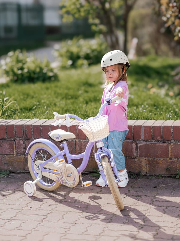 FLOWER BIKE Polkupyörä tytölle 16 tuumaa, työntötanko, sivupyörät, kori, violetti