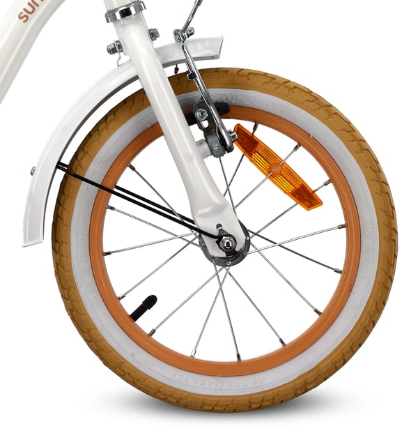 Flower Bike Flickcykel för en flicka 12 14 16 tum, Barncykel 2-6 år, Barncykel med stödhjul, pushbar, justerbar sadel och styre (Vit Beige, 14 Tum)