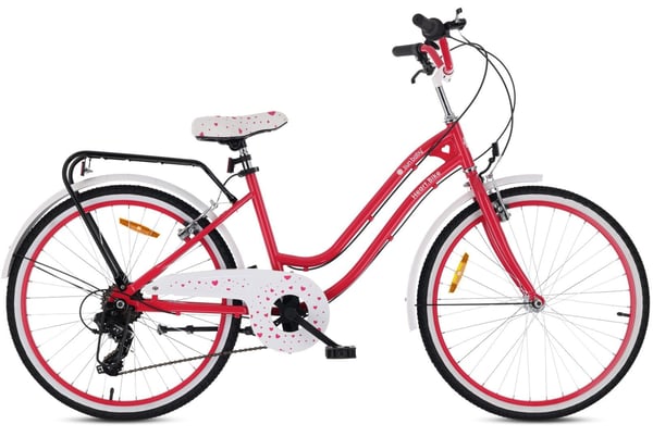 Heart Bike Tyttöjen polkupyörä 24 tuumaa, 8–12-vuotiaille, vadelma, lastenpolkupyörä 7 vaihteella, tavarateline, metalliset lokasuojat, V-jarru