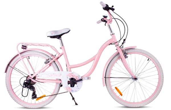 Flower Bike Tyttöpyörä yhdelle tytölle 24 tuumaa, 8-12 vuotta, Vaaleanpunainen, Lastenpyörä 7-vaihteinen, tavarateline, V-jarru, ketjusuoja.