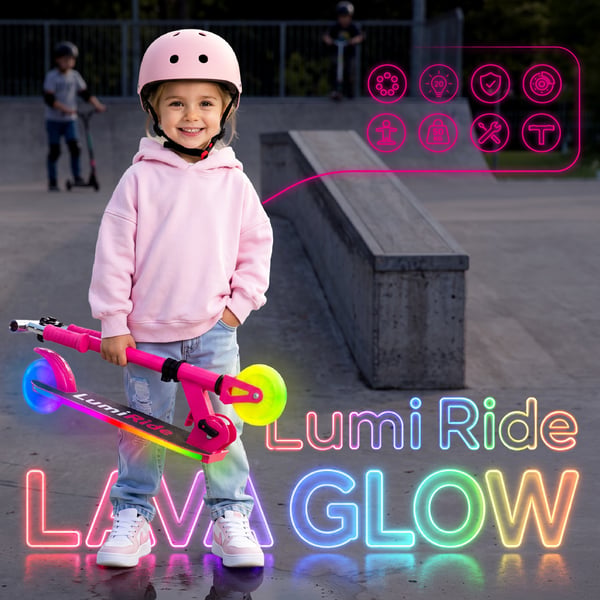 sun baby LUMI RIDE Sparkcykel Barn 2 hjul, trehjuling skoter från 3 år, LED - 7 färger, 20 program - 3 nivåer av styrhöjdsjustering, fotbroms, avtagba