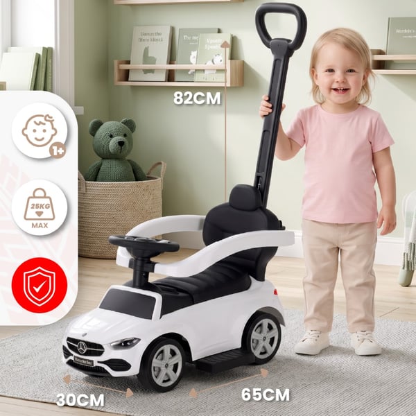 SUN BABY Gåbil til børn Mercedes C-Class fra 1 år med skubbestang, fodstøtte, lydfunktion, op til 23 kg hvid