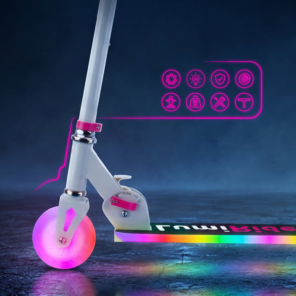 Sammenklappelig tohjulet løbehjul til børn, justerbar, Lumiride LED 7 farver, 20 programmer, hvid, Sun Baby