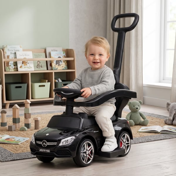 SUN BABY Gåbil för barn Mercedes C-Class från 1 år med skjutstång fotstöd ljudfunktion upp till 25 kg svart