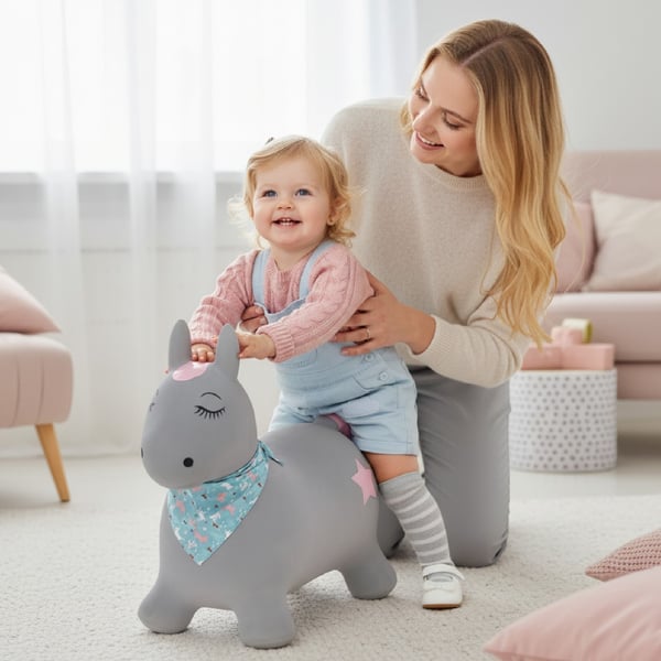 Sun Baby Hyppelelu Pony harmaa bandanalla ja pumpulla, 12kk+, kantavuus 45 kg