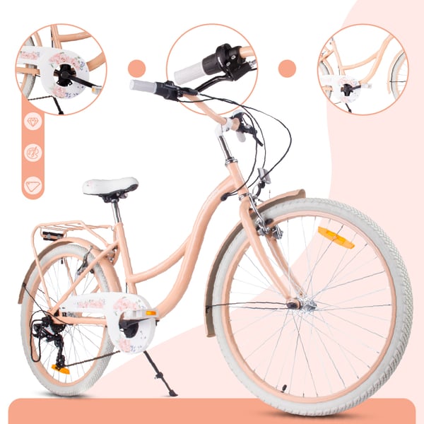 sun baby FLOWER BIKE Barncykel 24 tum - 7 växlar Shimano -pakethållare, stänkskärmar i metall, V-broms, kedjeskydd - Aprikos