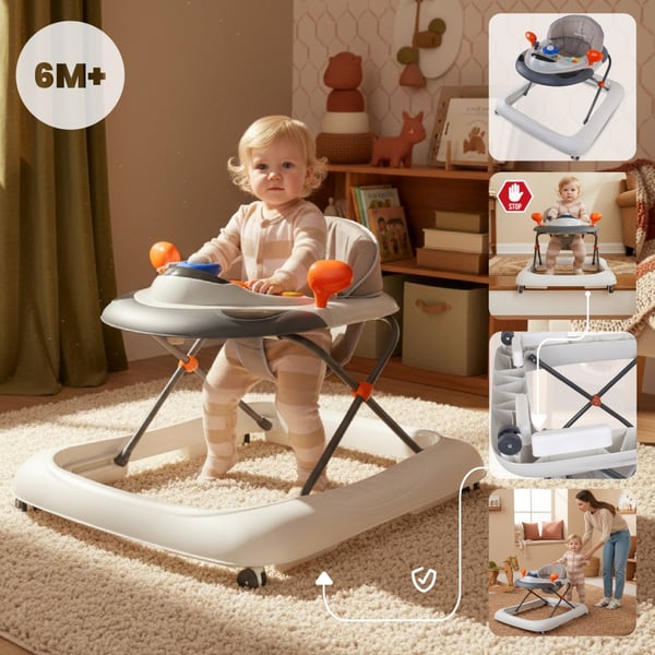 Sun Baby interaktiv gåstol 6-12 mån, 3-stegs justering, 360° gummihjul, stopp, grå