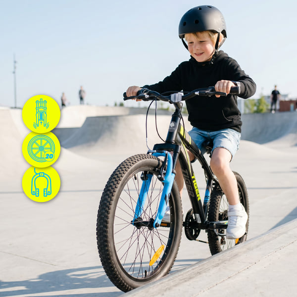 sun baby TIGER BIKE Barncykel 20 tum - 6 växlar Shimano - Justerbar sadel och styre, V-broms, Kedjeskydd - Svart Grön Blå