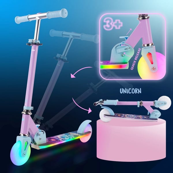 Taitettava kaksipyöräinen potkulauta lapsille, säädettävä, Lumiride LED 7 väriä/20 ohjelmaa, Unicorn, 73-85 cm, musta, Sun Baby