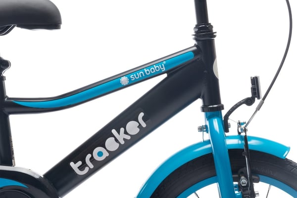 sun baby TRACKER BIKE Barncykel 16 tum - Justerbar sadel och styre, Klocka, Stödhjul - Blå Neon
