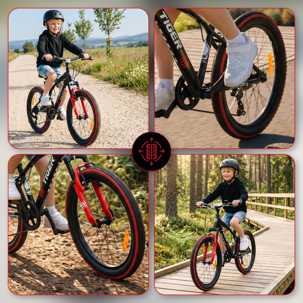 sun baby TIGER BIKE Børnecykel 20 tommer - 6 gear Shimano - Justerbar sadel og styr, V-bremse, Kædeskærm - Rød Sort