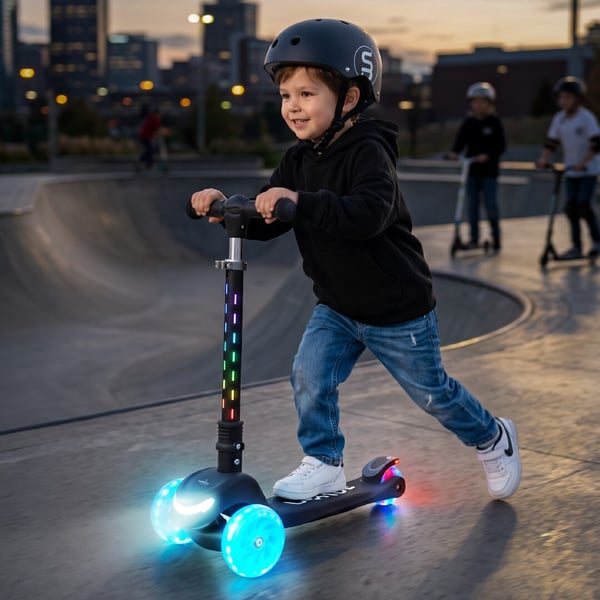 Sun Baby kolmipyöräinen tasapainoskootteri LUMI RIDE, LED 7 väriä, 20 ohjelmaa, säädettävä, taittuva, musta