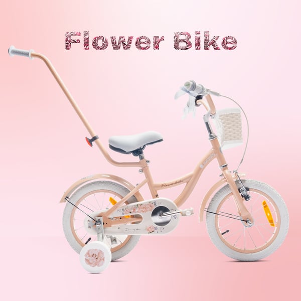 FLOWER BIKE Polkupyörä tytölle 14 tuumaa, työntötanko, sivupyörät, kori, aprikoosi