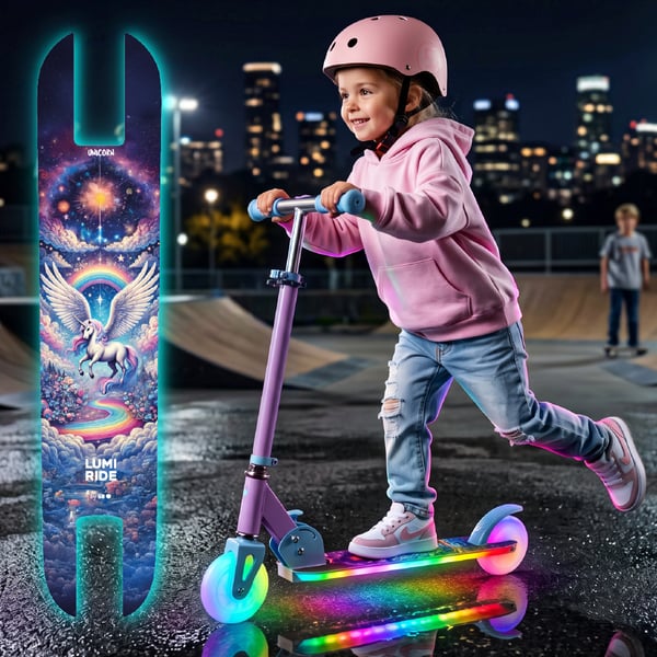 Sun Baby Lumiride LED tohjulet børnescooter 7 farver/20 programmer, sammenklappelig, justerbar 73-85 cm, Unicorn