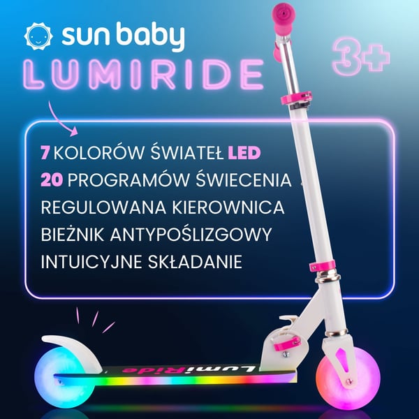sun baby LUMI RIDE Sparkcykel Barn 2 hjul, trehjuling skoter från 3 år, LED - 7 färger, 20 program - 3 nivåer av styrhöjdsjustering, fotbroms, avtagba