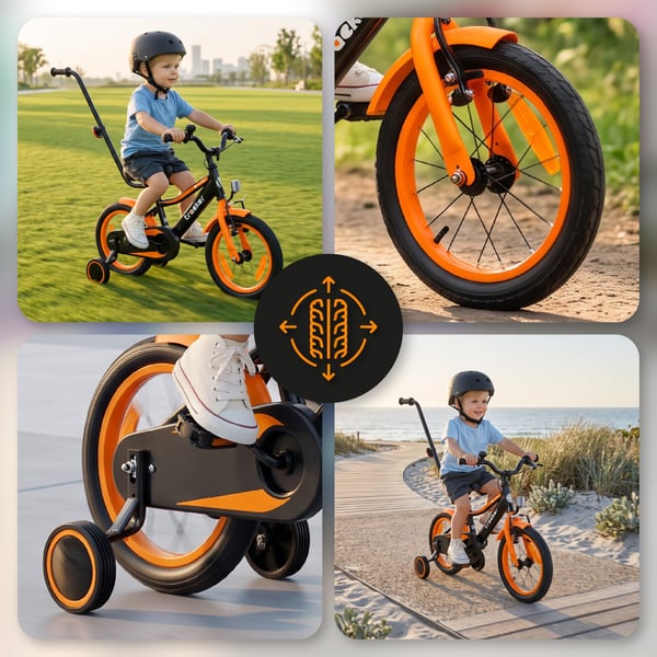 sun baby TRACKER BIKE Børnecykel 14 tommer - Justerbar sadel og styr, Klokke, Støttehjul - Orange Neon