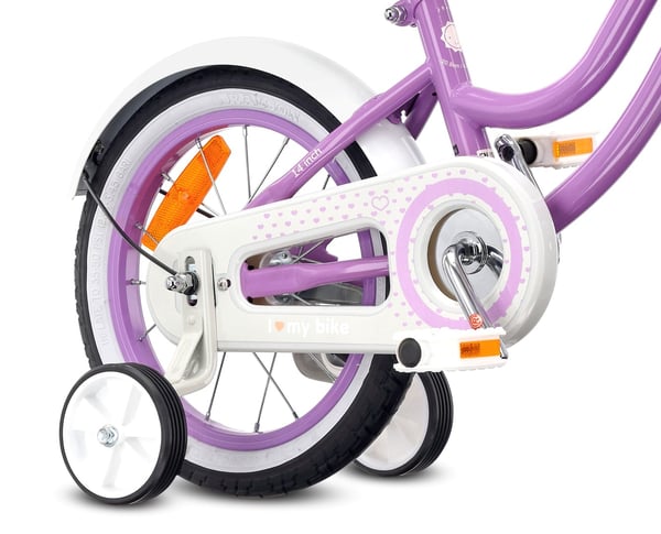 Heart Bike Flickcykel för en flicka 12 14 16 tum, Barncykel 2-6 år, Barncykel med stödhjul, pushbar, justerbar sadel och styre (Lila, 14 tum)