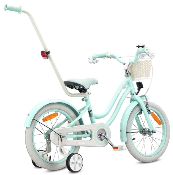 Heart Bike Flickcykel för en flicka 12 14 16 tum, Barncykel 2-6 år, Barncykel med stödhjul, pushbar, justerbar sadel och styre (Silver Moon Mint, 16 t