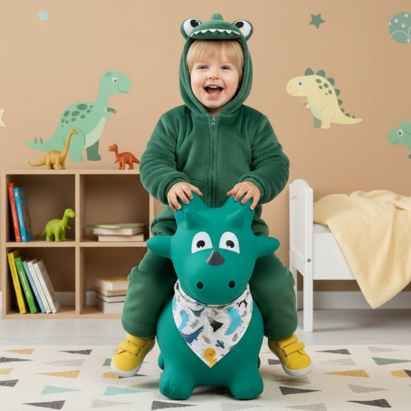 Sun Baby hoppdjur Dino för hoppning, grön + pump + bandana, 12m+, max belastning 45 kg