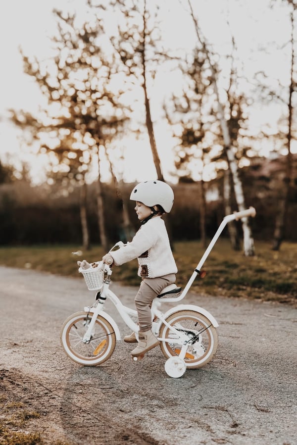 FLOWER BIKE Polkupyörä tytölle 14 tuumaa, työntötanko, sivupyörät, kori, beige
