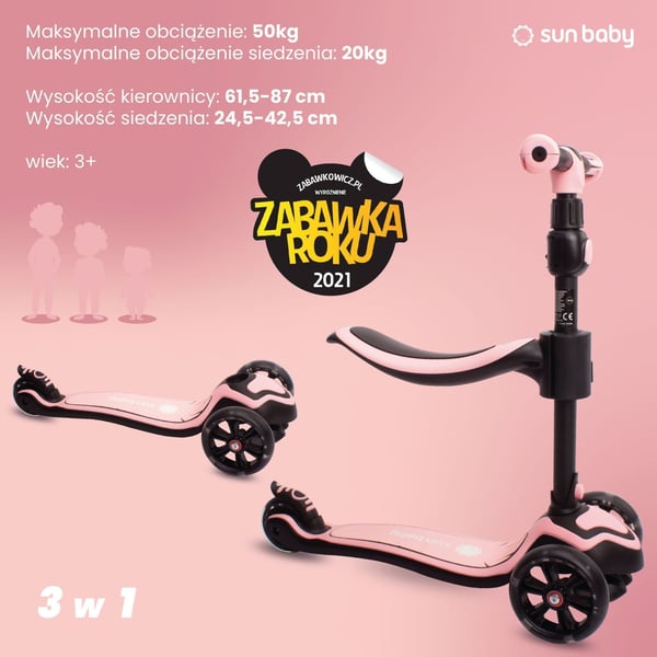 Sun Baby 3-in-1 kolmipyöräinen tasapainoskootteri LED, säädettävä ohjaustanko, max 50 kg, vaaleanpunainen