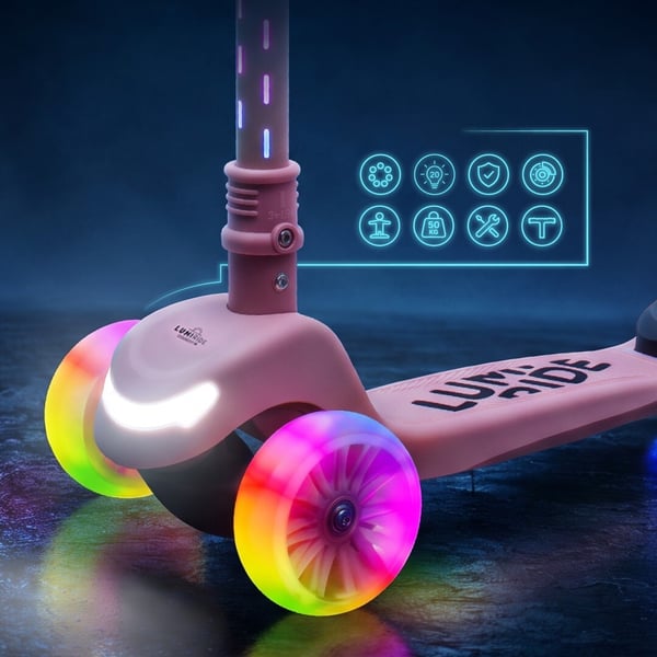 LUMI RIDE Trehjulet Balance Scooter, Sammenklappelig, Justerbar, LED Regnbuehjul med 7 Farver og 20 Programmer, Pink - Sun Baby