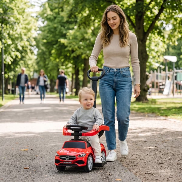 Sun Baby potkuauto Mercedes-Benz C-Class - puskija, kaari ja jalkatuet, punainen