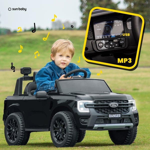 Ford elbil för barn mellan 3 och 6 år, motoreffekt 30 W, fjärrkontroll, fjädring, strålkastare, MP3-spelare (Svart)