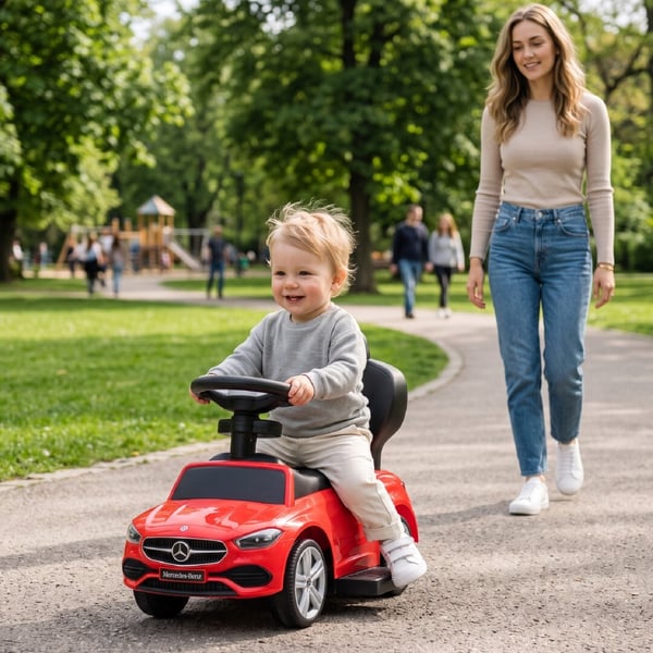 Sun Baby potkuauto Mercedes-Benz C-Class - puskija, kaari ja jalkatuet, punainen