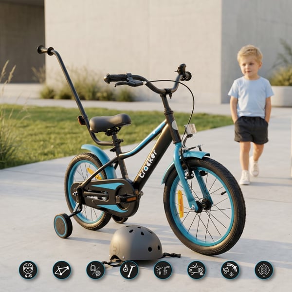 sun baby TRACKER BIKE Børnecykel 16 tommer - Justerbar sadel og styr, Klokke, Støttehjul - Blå Neon