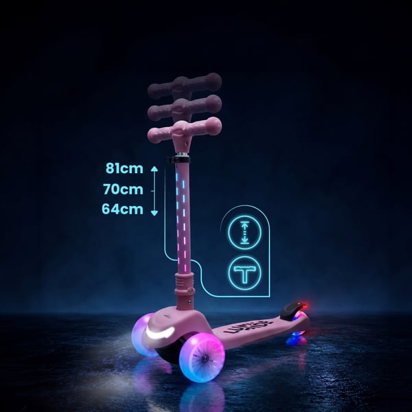 LUMI RIDE Trehjulet Balance Scooter, Sammenklappelig, Justerbar, LED Regnbuehjul med 7 Farver og 20 Programmer, Pink - Sun Baby