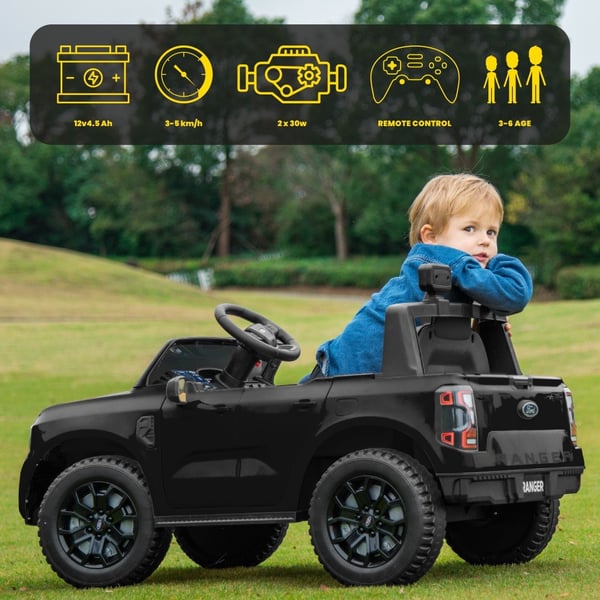 Ford elbil för barn mellan 3 och 6 år, motoreffekt 30 W, fjärrkontroll, fjädring, strålkastare, MP3-spelare (Svart)