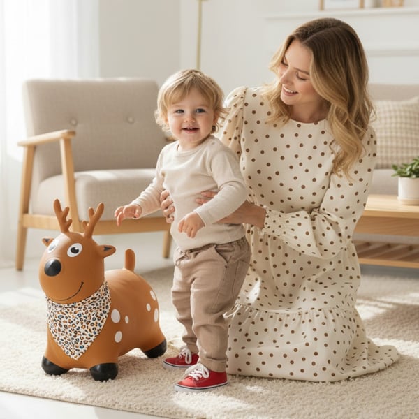 Sun Baby hoppleksak för barn JELONEK, brun + pump, 12m+, maxvikt 45 kg, BPA Free