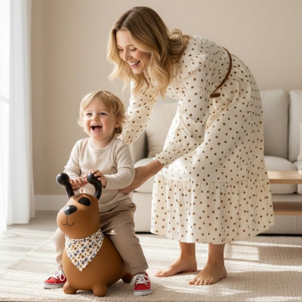 Sun Baby hoppdjur Reksio, brun med bandana + pump, 12m+, max belastning 45 kg